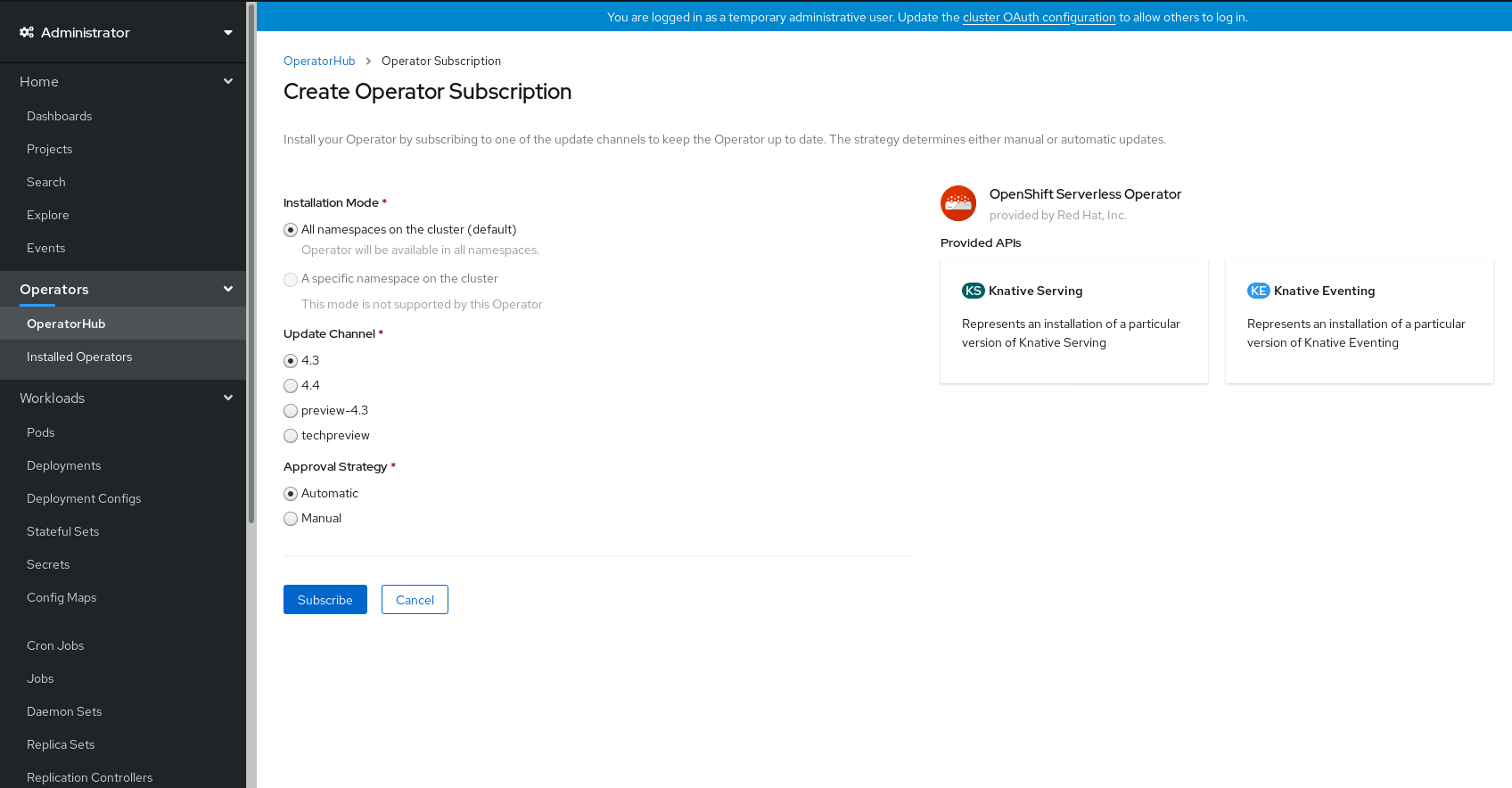 Create Operator Subscription page