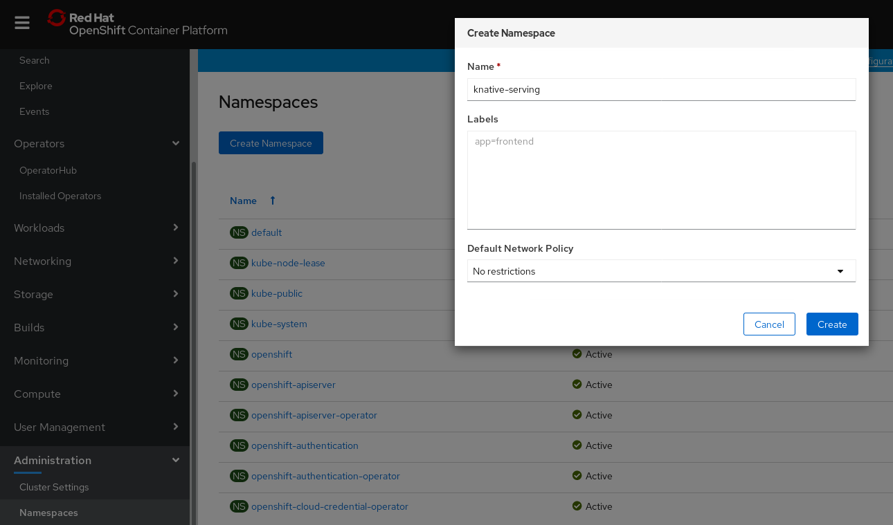 `knative-eventing` namespace の作成