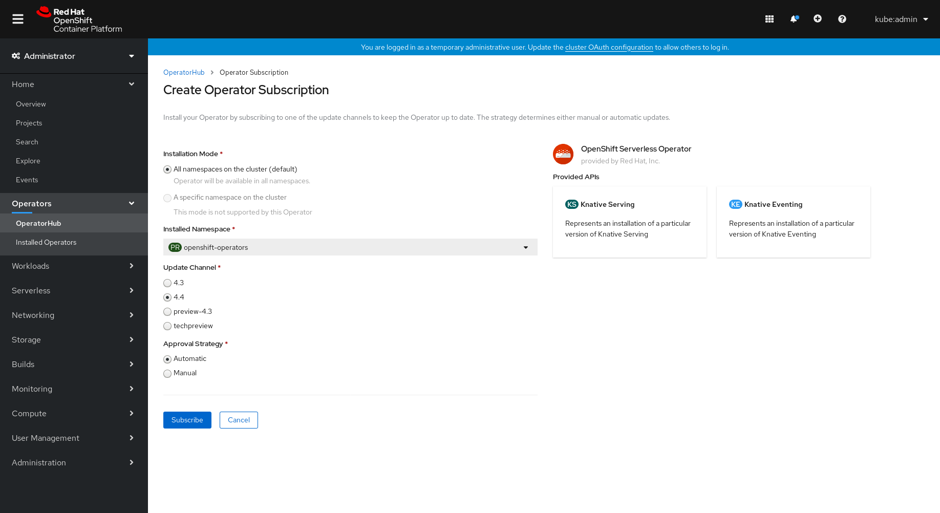 Create Operator Subscription page