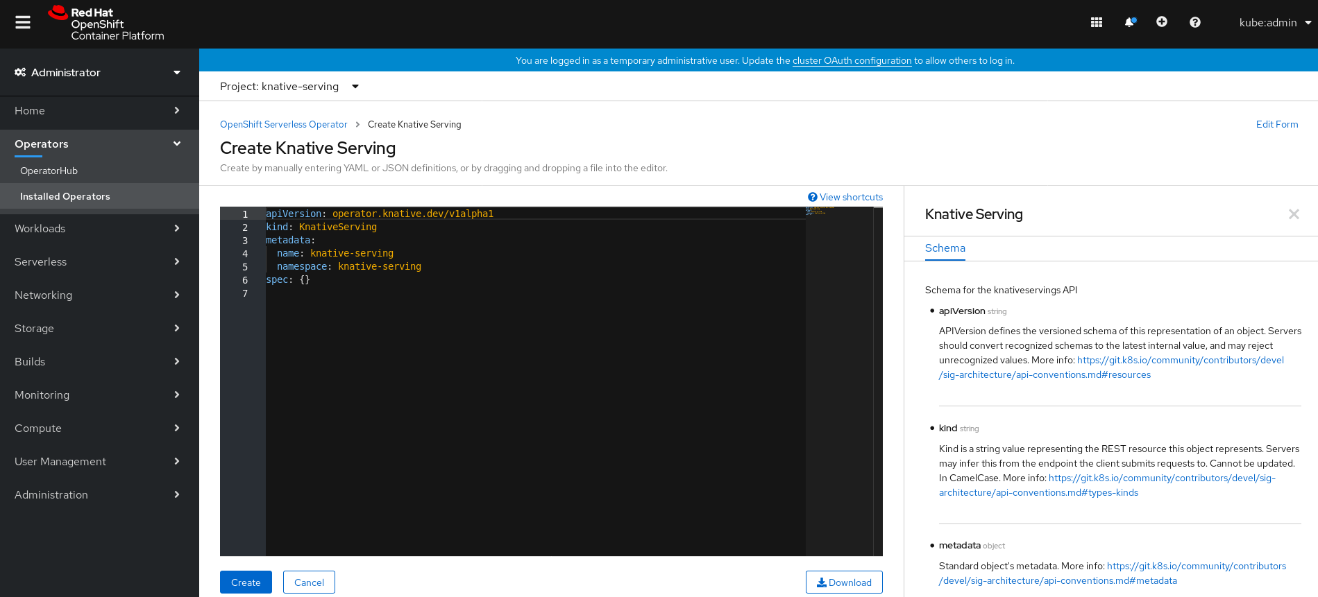 Create Knative Serving in YAML view