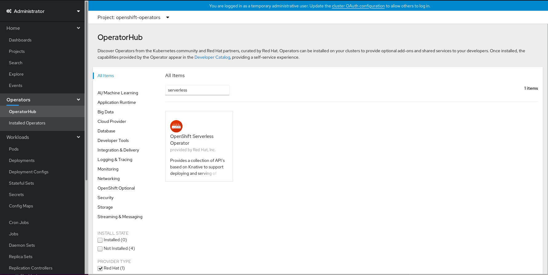 OpenShift Serverless Operator in the OpenShift Container Platform web console