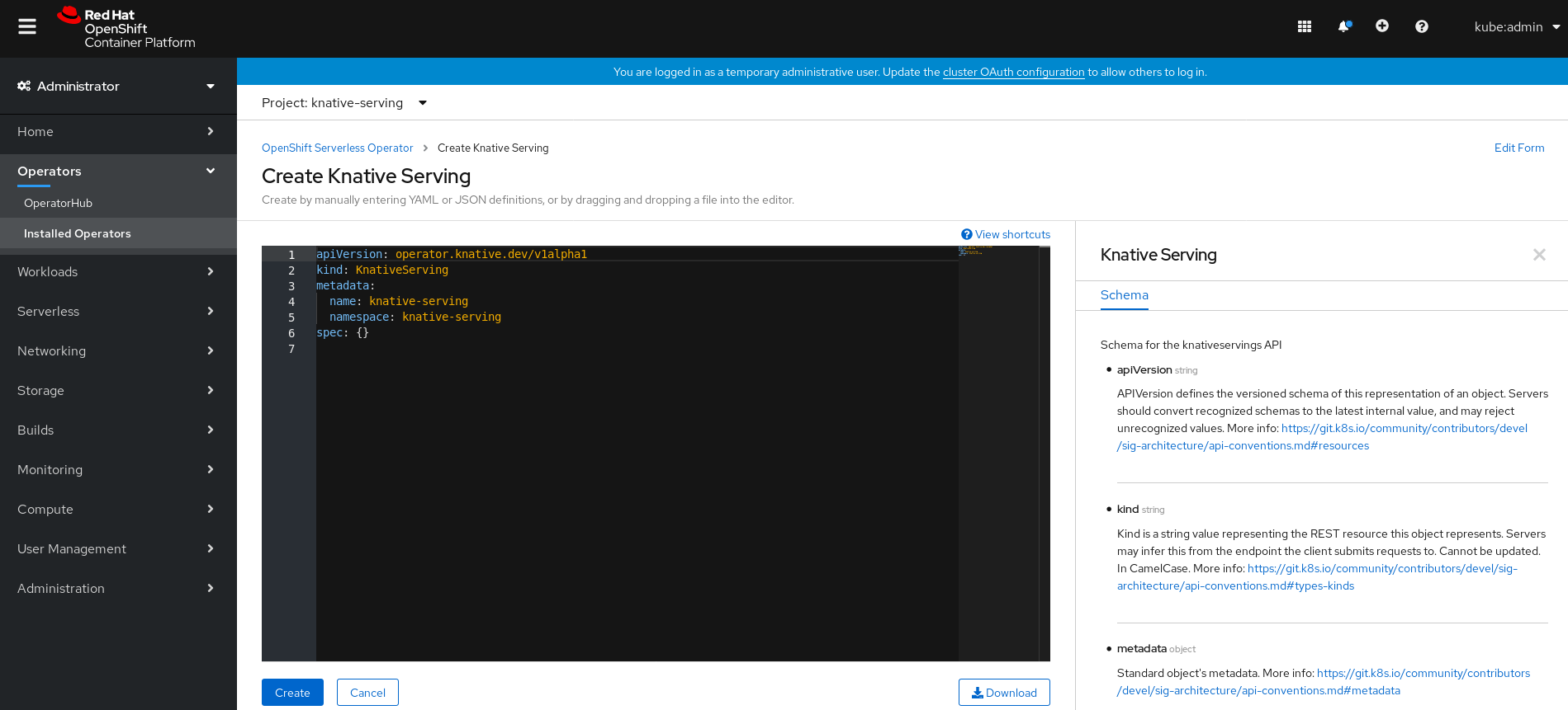 YAML ビューでの Knative Serving の作成