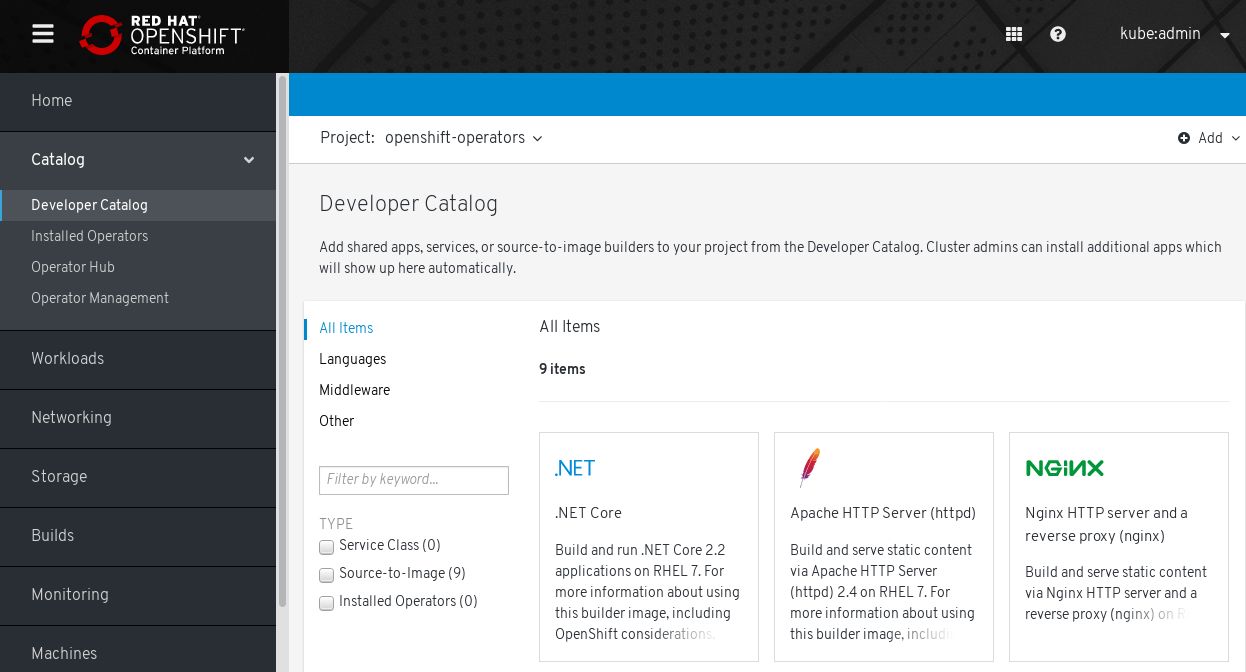 OpenShift Container Platform Developer Catalog