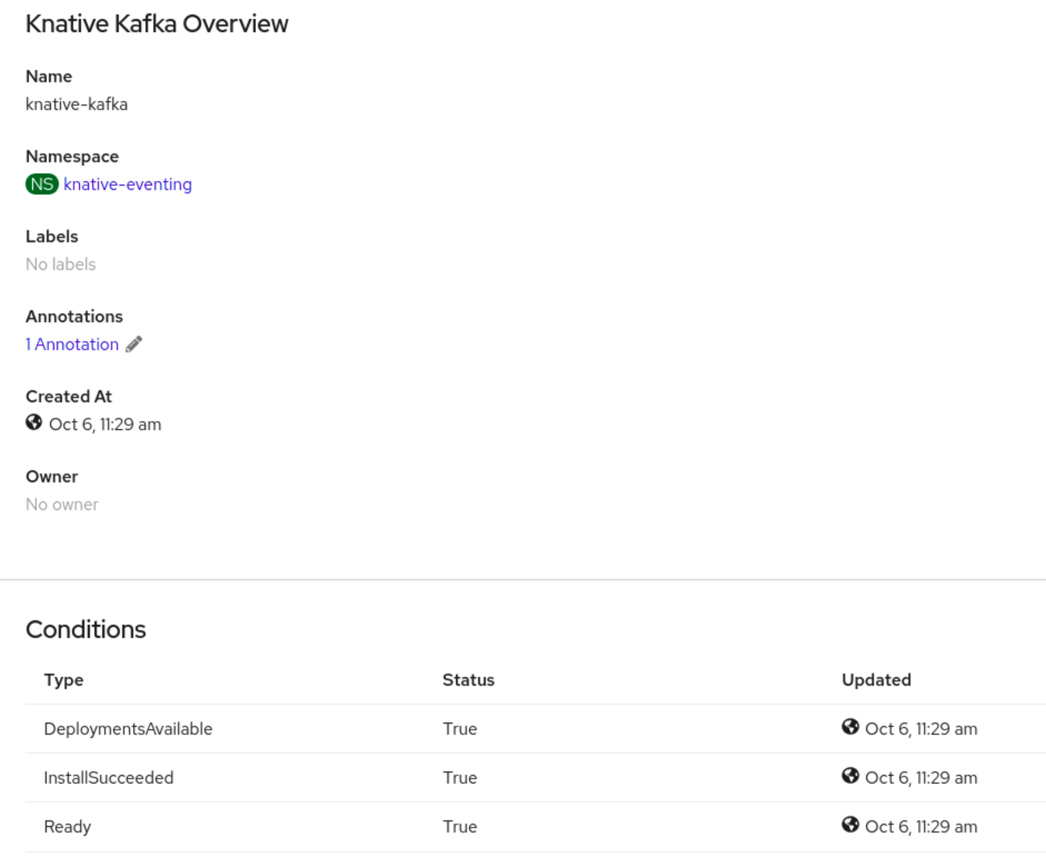 Kafka Knative Overview page showing Conditions