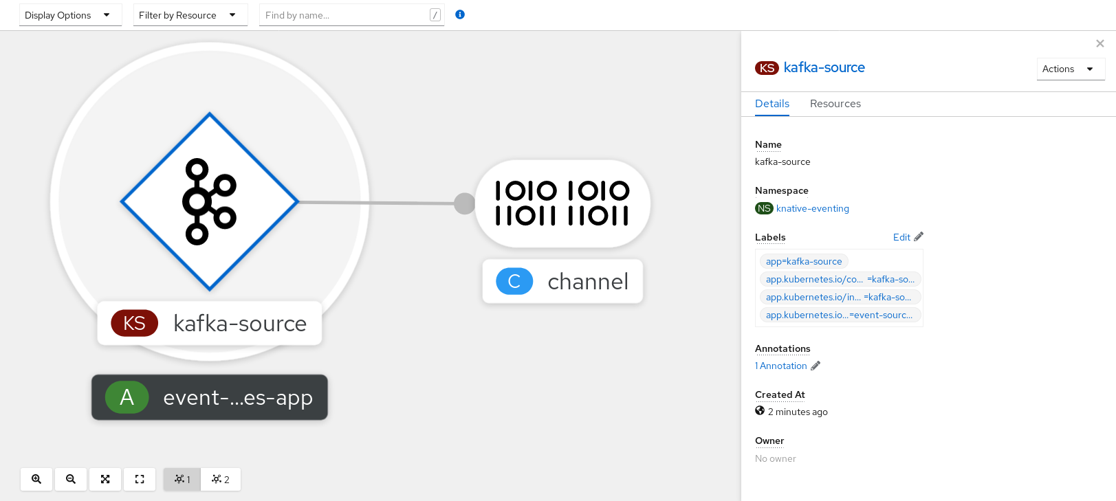 View the Kafka source and service in the Topology view