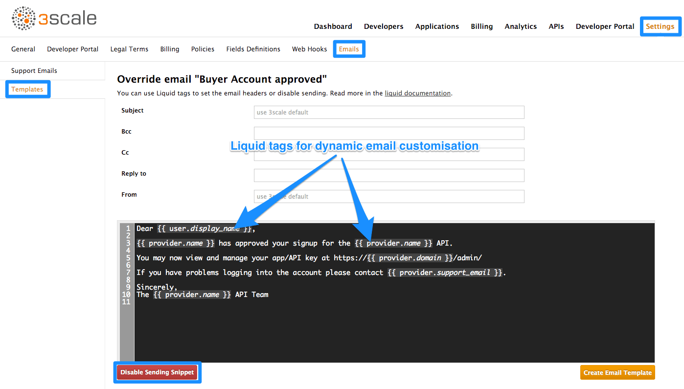Developer portal email template edit
