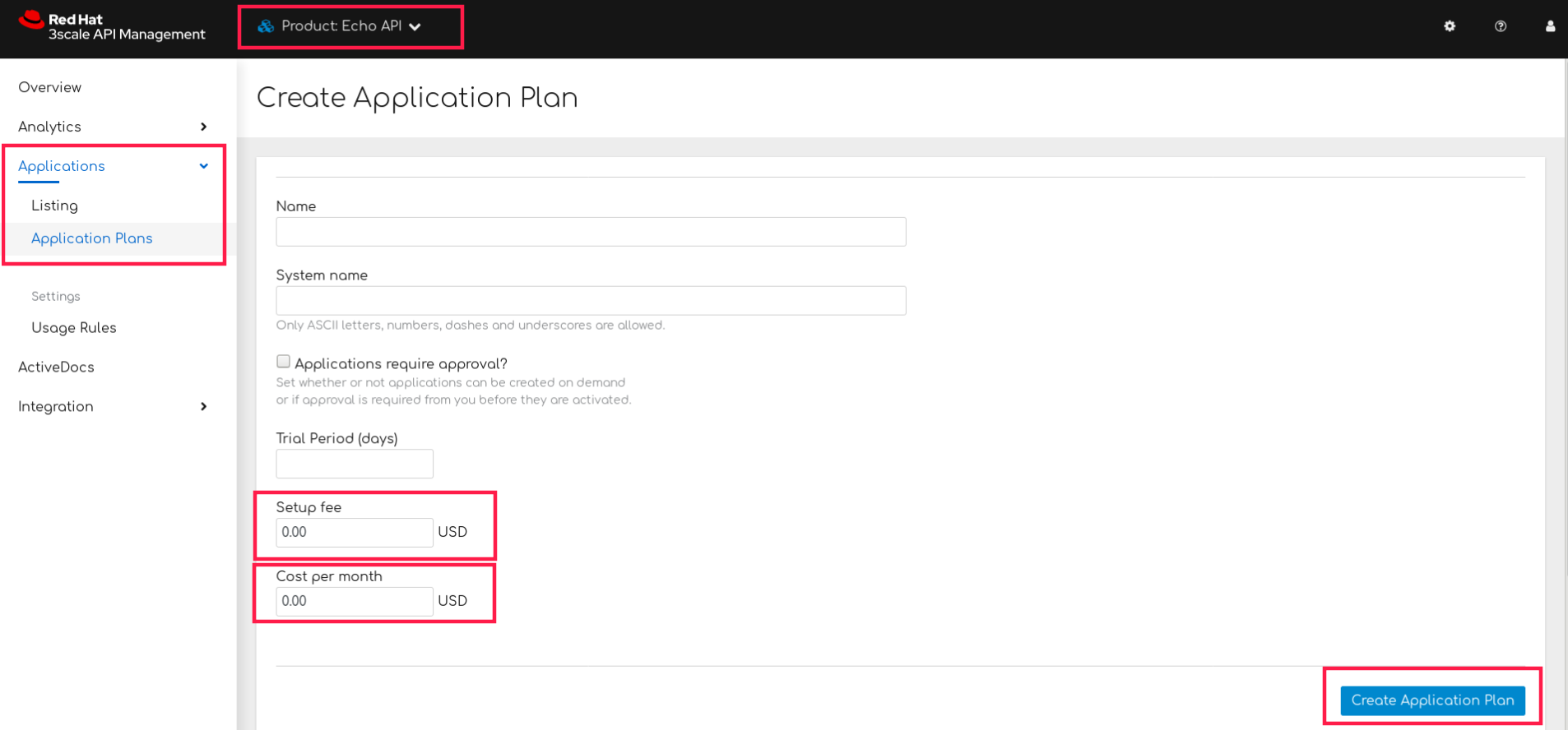 Create new application plan or edit existing