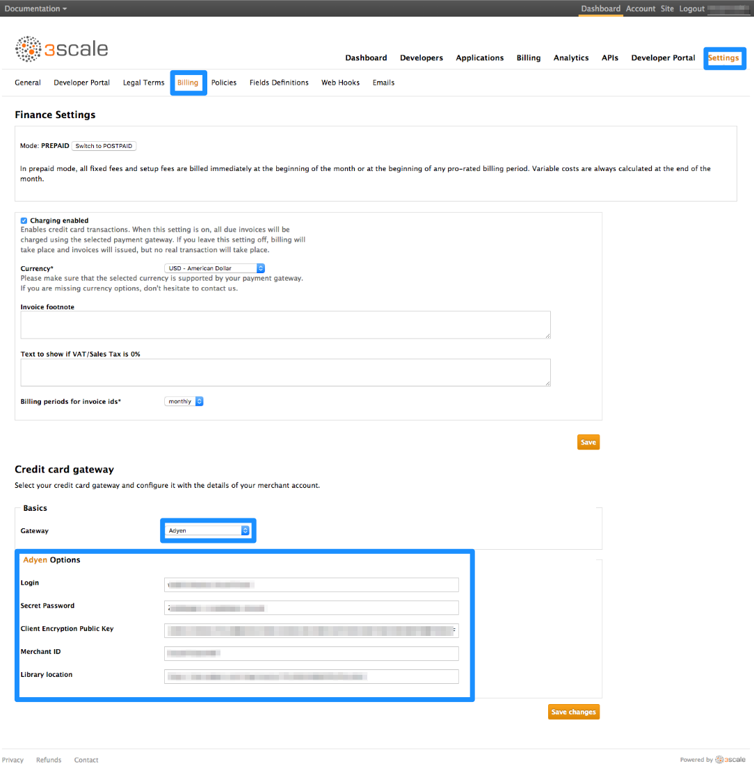 docs billing Adyen settings