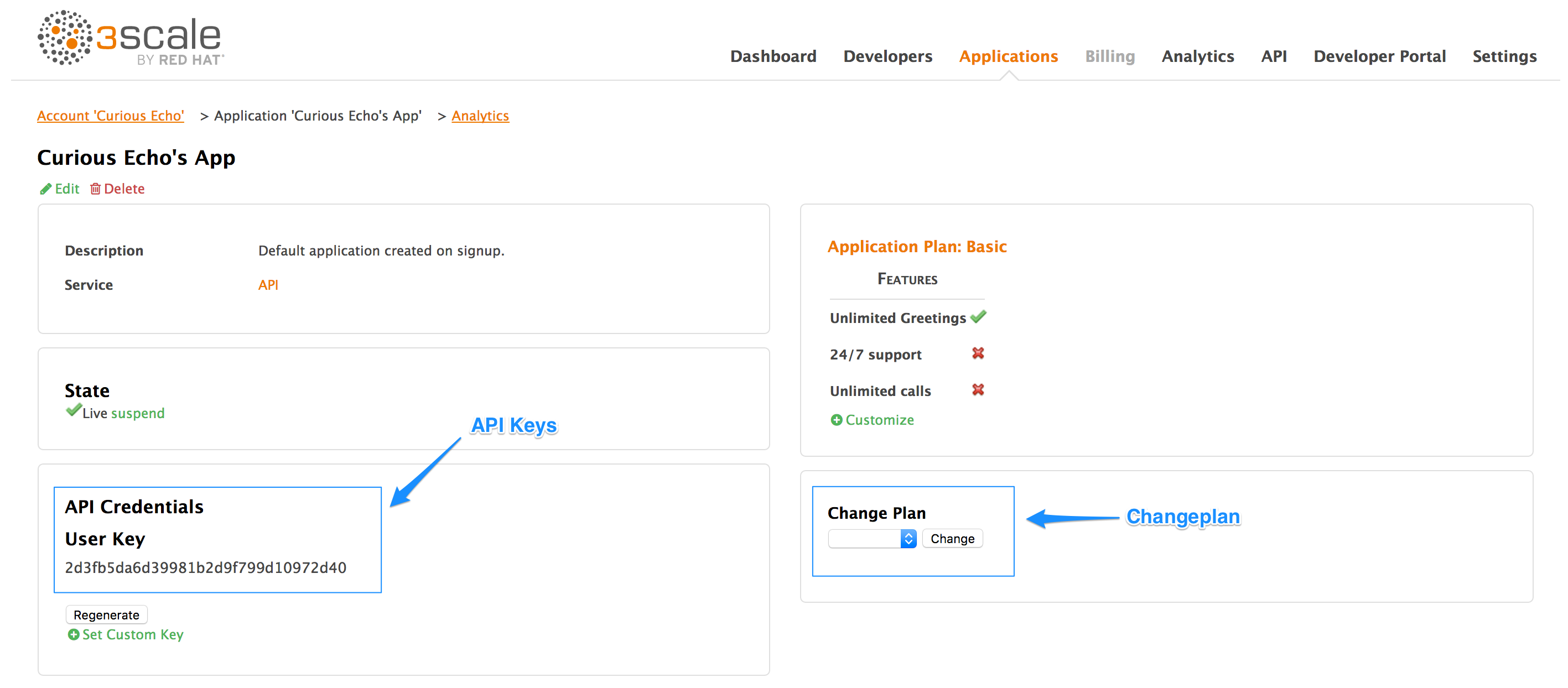 API keys and change plans