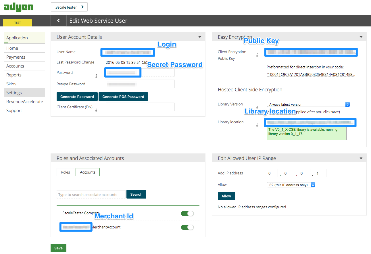 docs billing Adyen view credentials