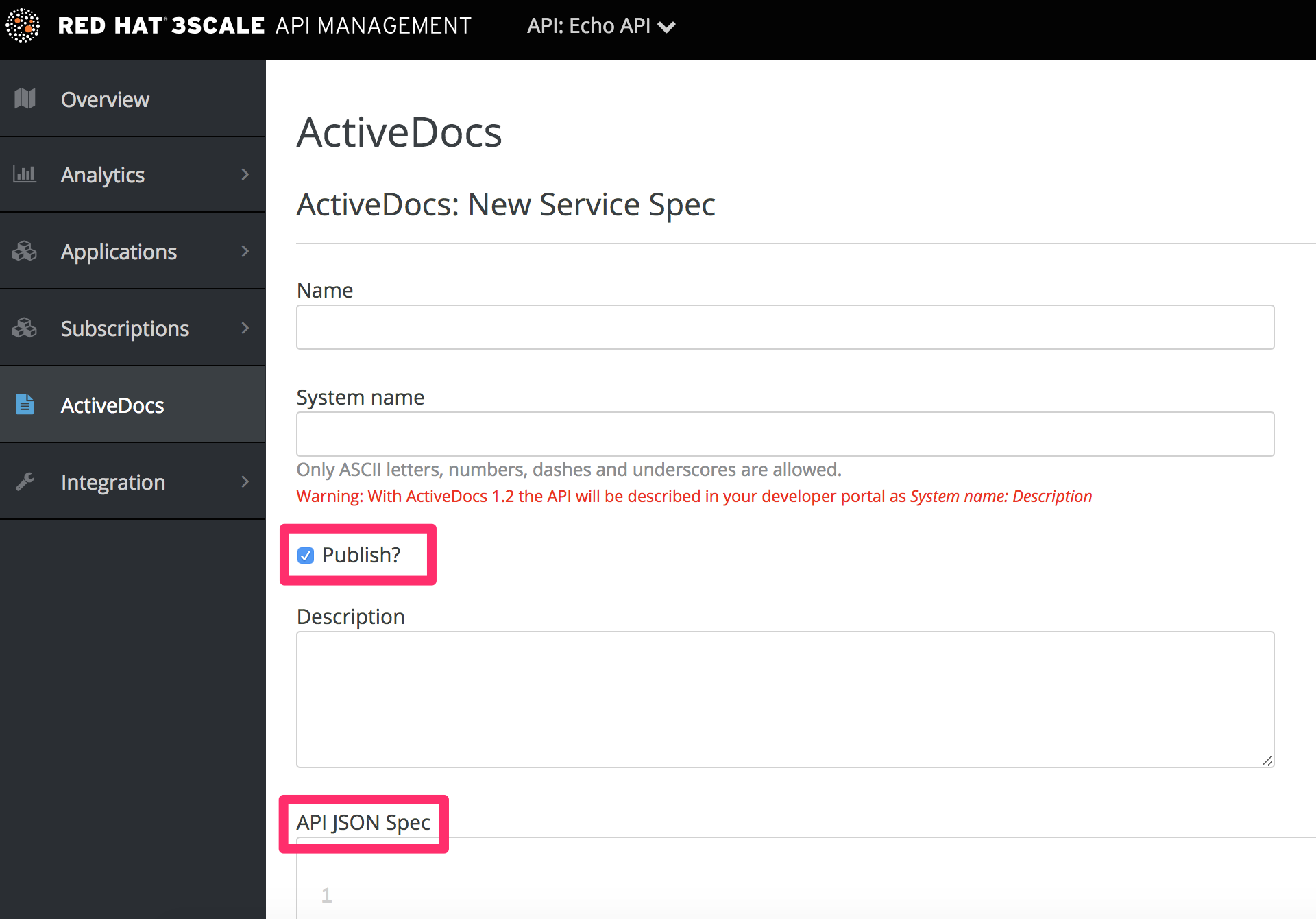 Create a Service specification for ActiveDocs