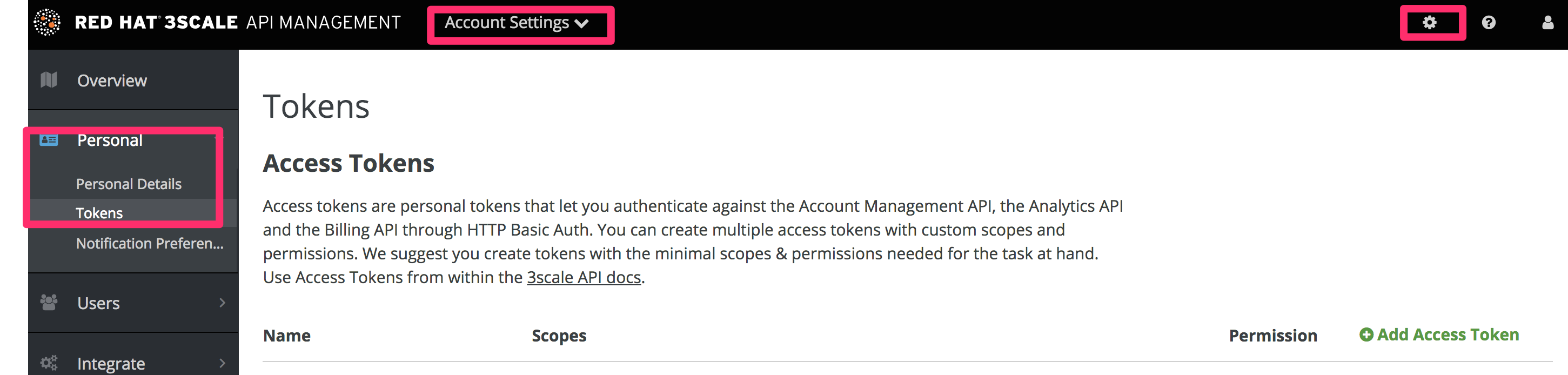 Access tokens screen