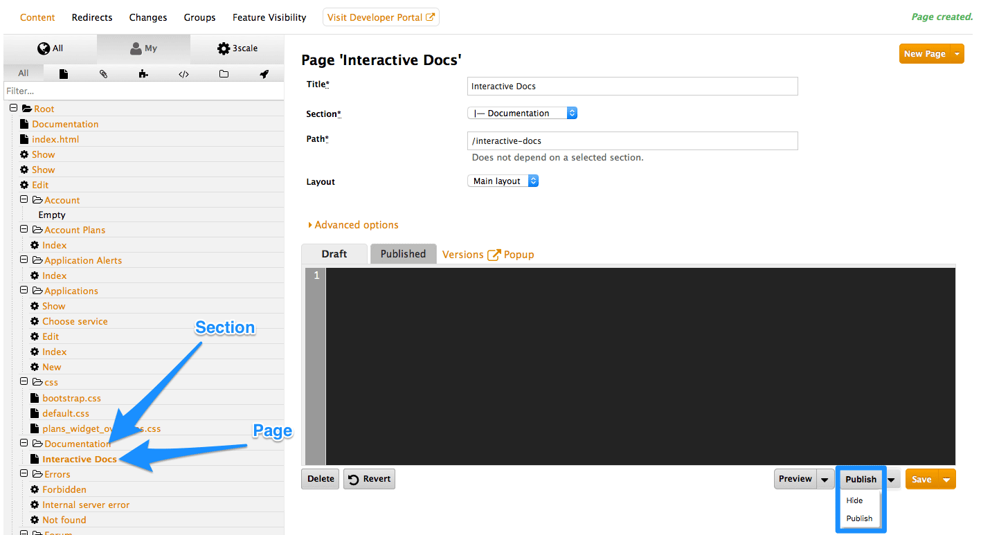 Developer Portal publish page