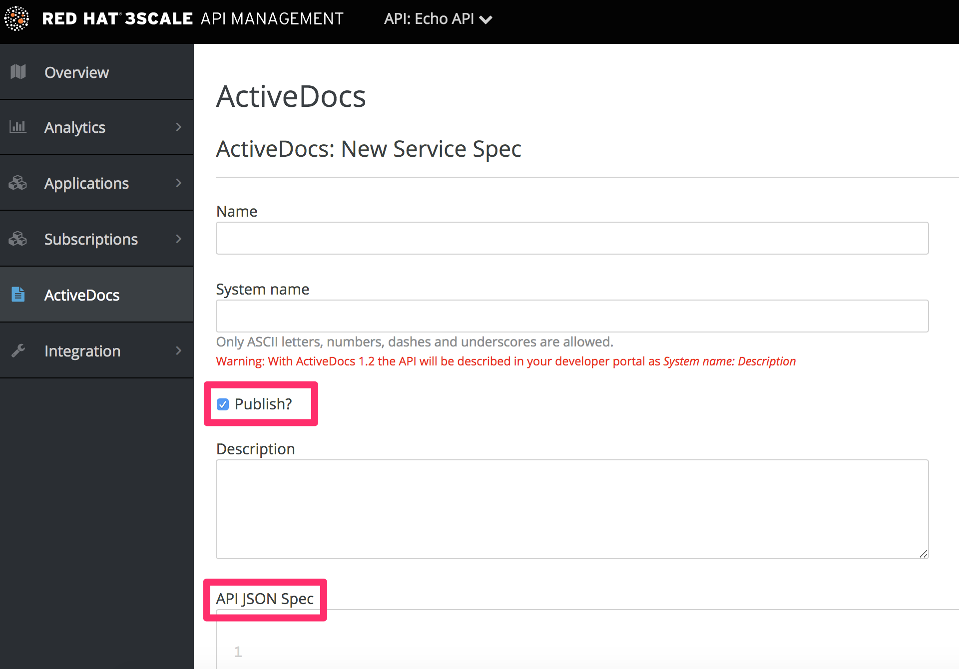 Create a service specification for ActiveDocs