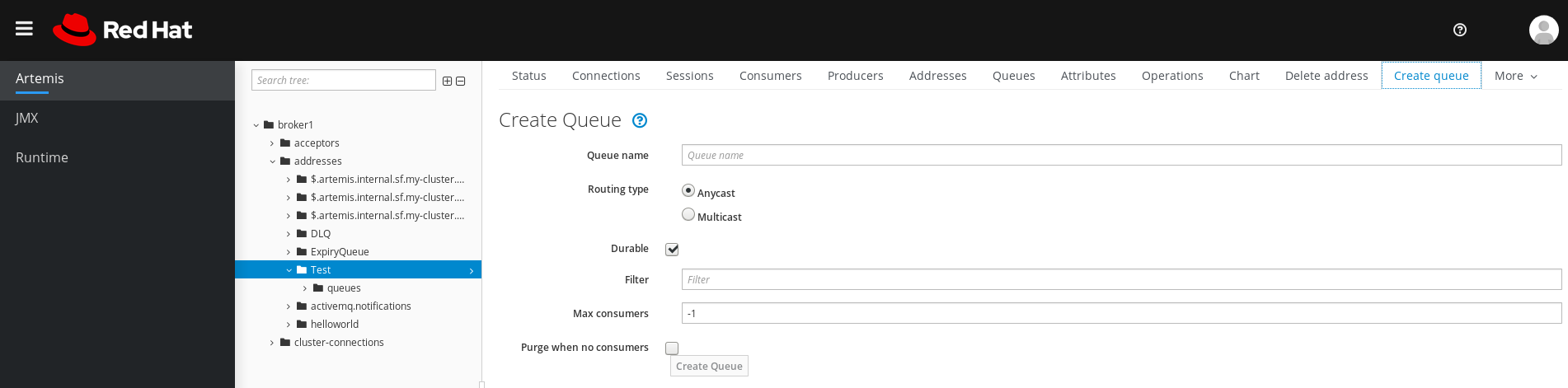 AMQ Management Console Create Queue