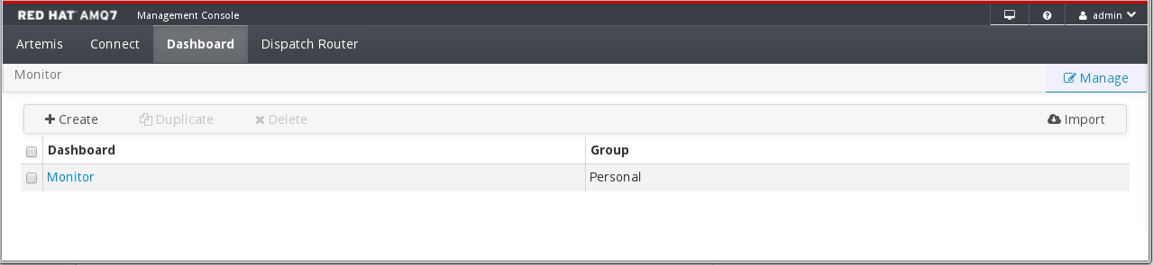 AMQ Console Dashboard Manage