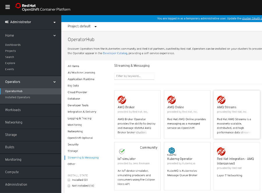 Image: The AMQ Streams Operator in the OperatorHub in OpenShift 4