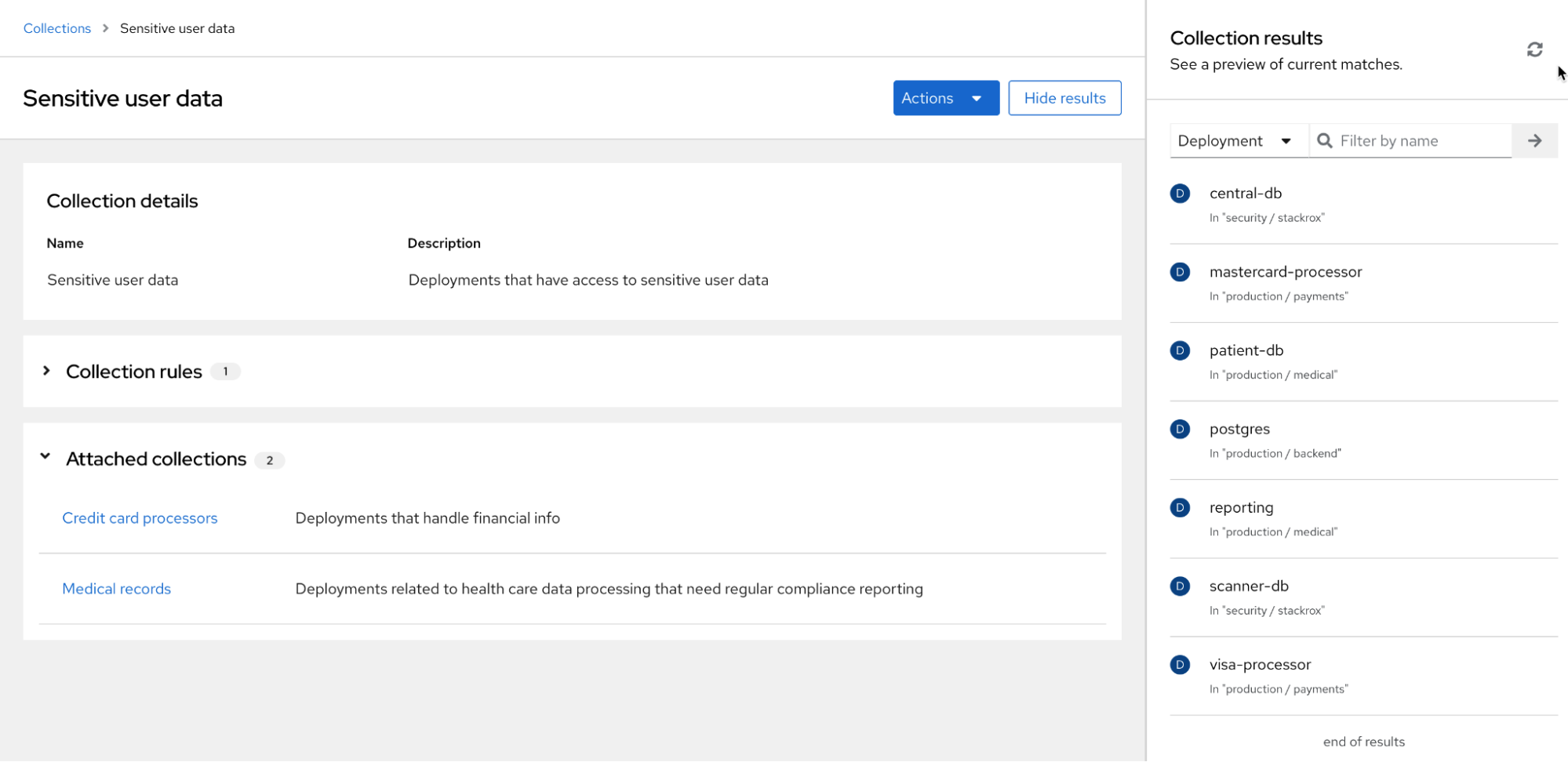 두 개의 연결된 컬렉션을 사용하여 컬렉션을 구성하는 결과 컬렉션