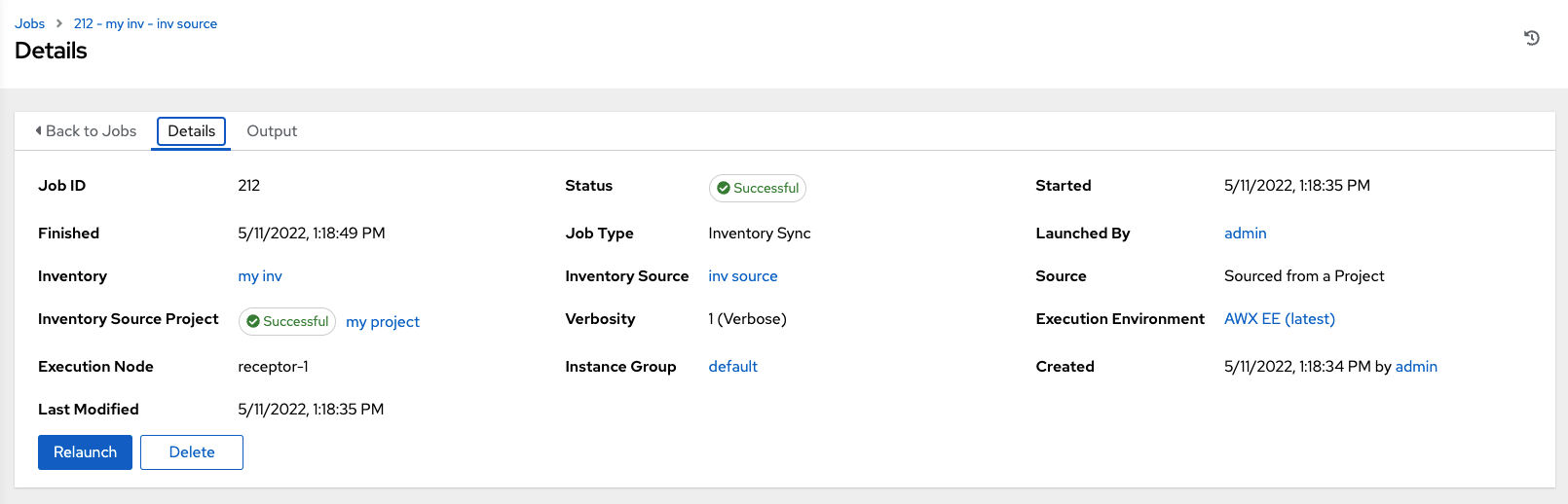 Show job details for inventory sync
