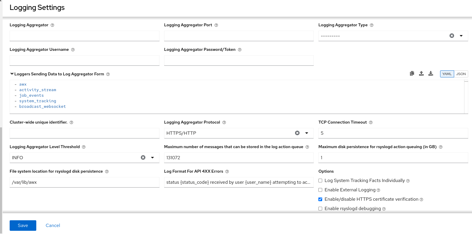 Logging settings page