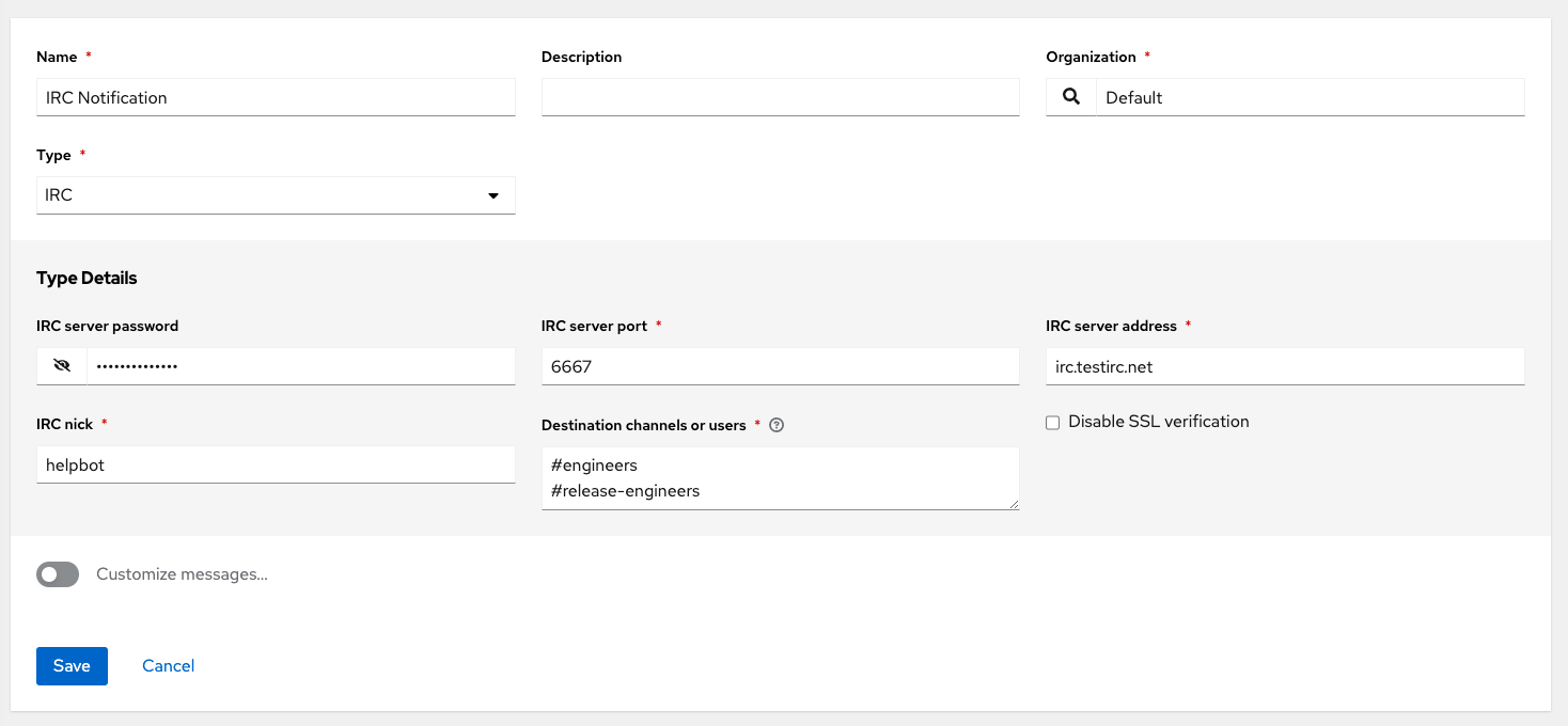 Notification template IRC