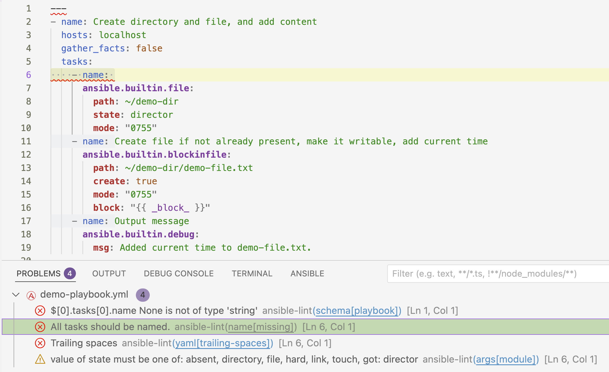 Playbook and ansible-lint messages