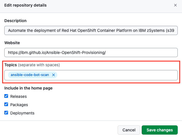 Ansible code bot settings