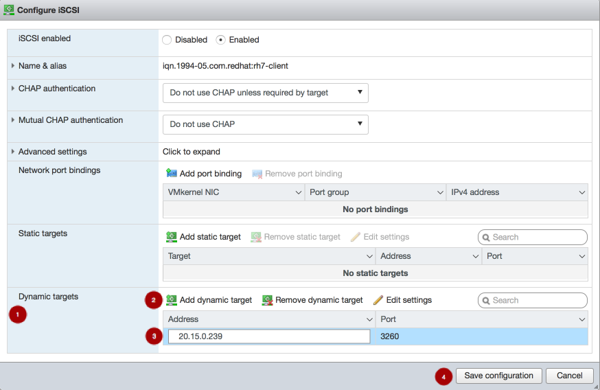 ESX 웹 클라이언트 구성 iscsi 기본 mod step5