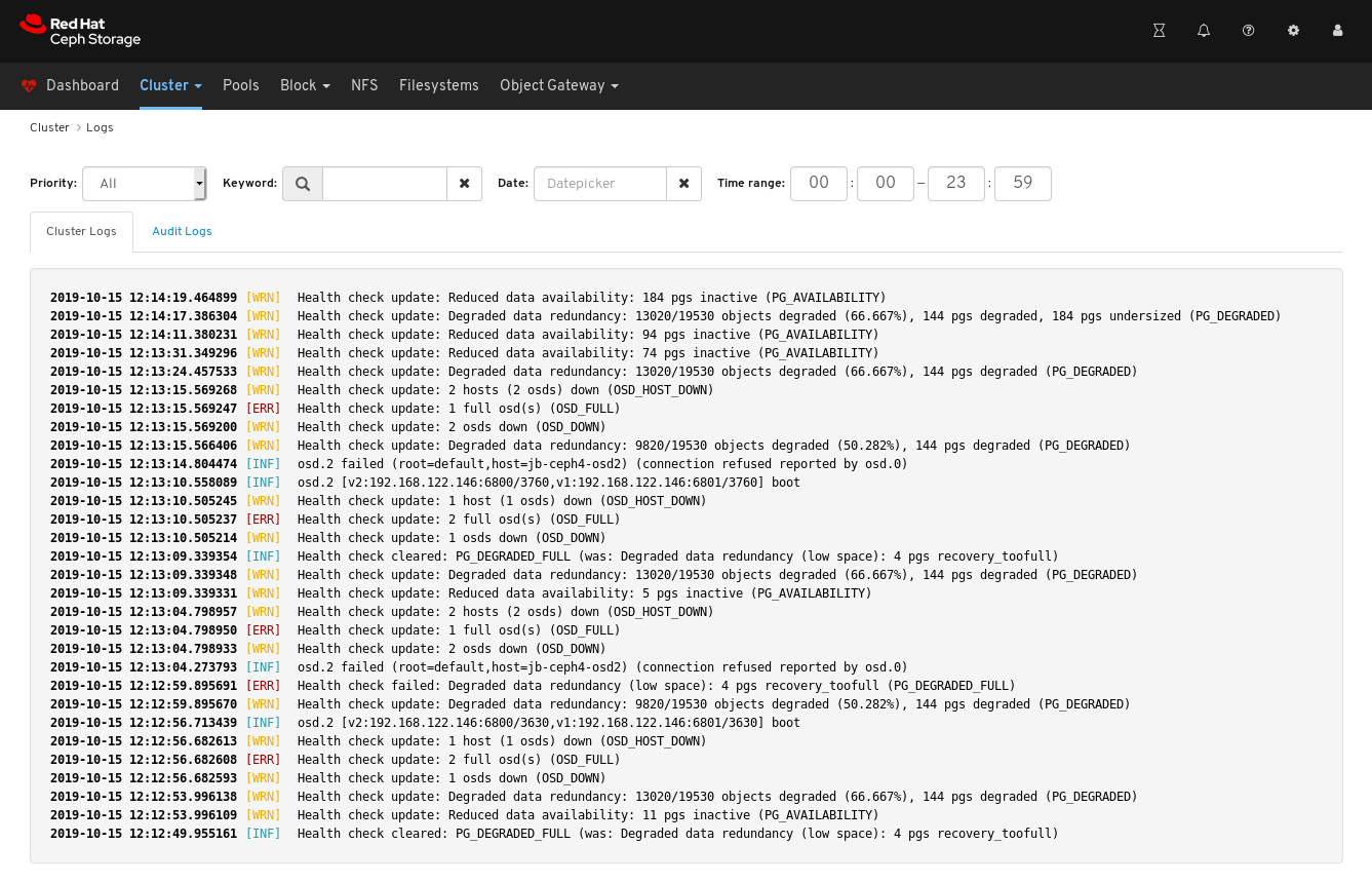 Unfiltered cluster logs.