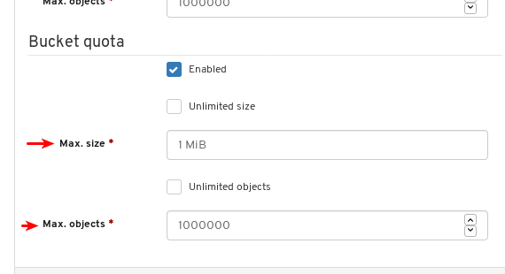 Enter values for Max. size and Max. objects