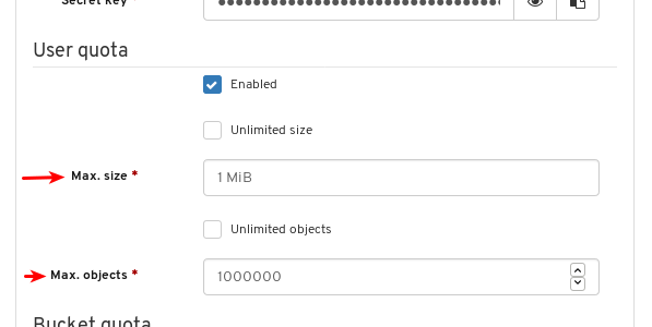 Enter values for Max. size and Max. objects