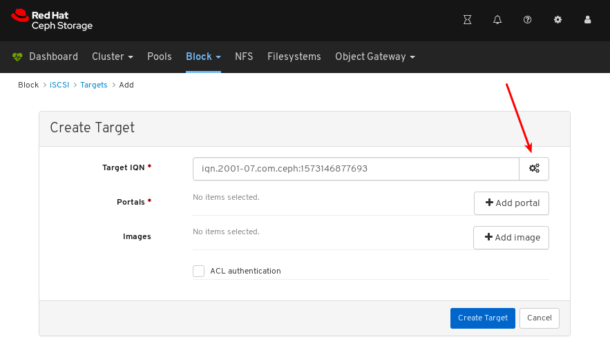 Gear for Advanced Settings for Target IQN