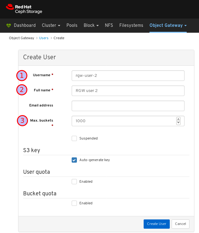 Create User dialog basic settings