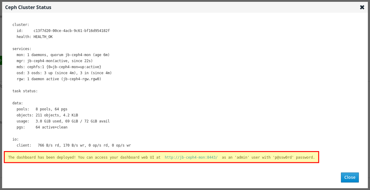 Ceph Cluster Status window