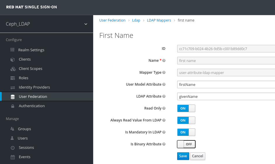 User Federation Mappers window