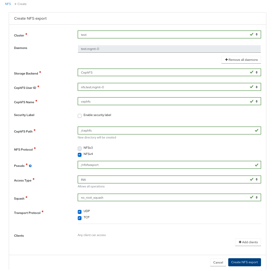 Create CephFS NFS export window