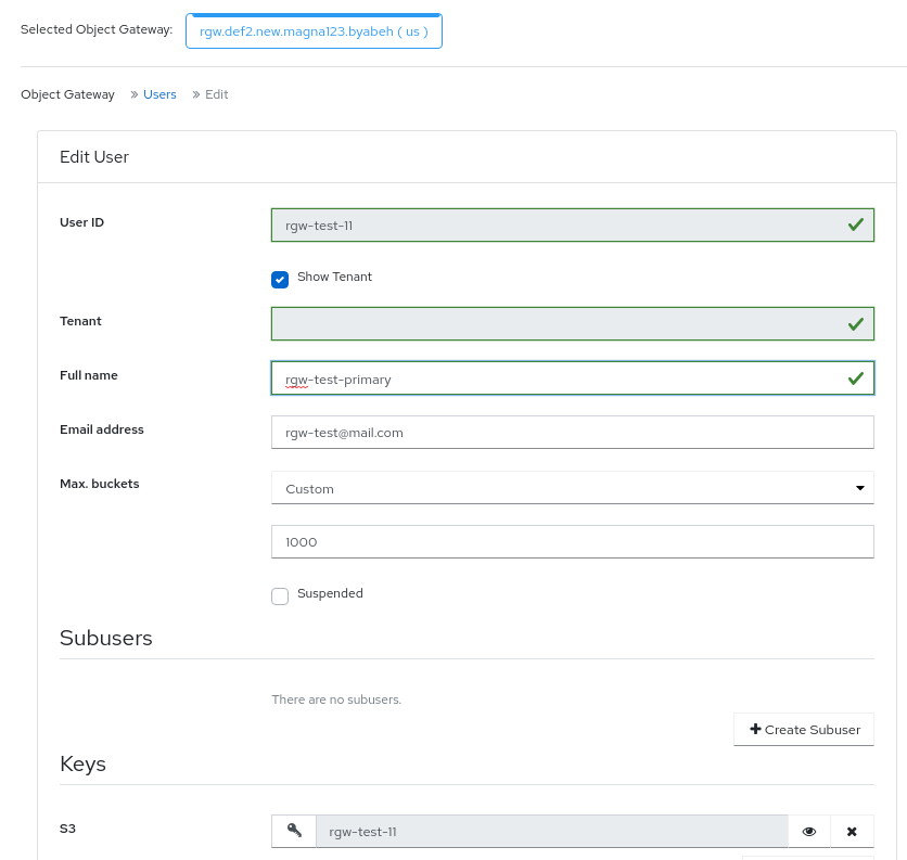 Ceph object gateway edit user