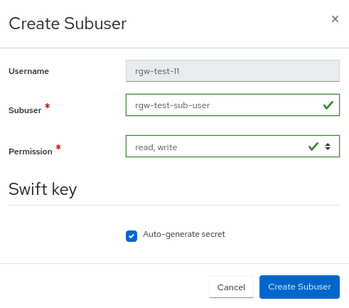 Ceph object gateway create subuser