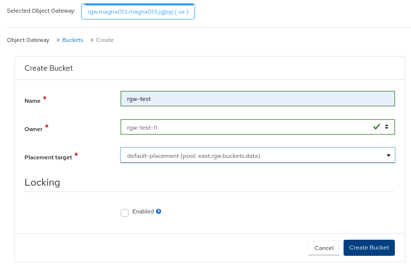 Ceph object gateway create bucket