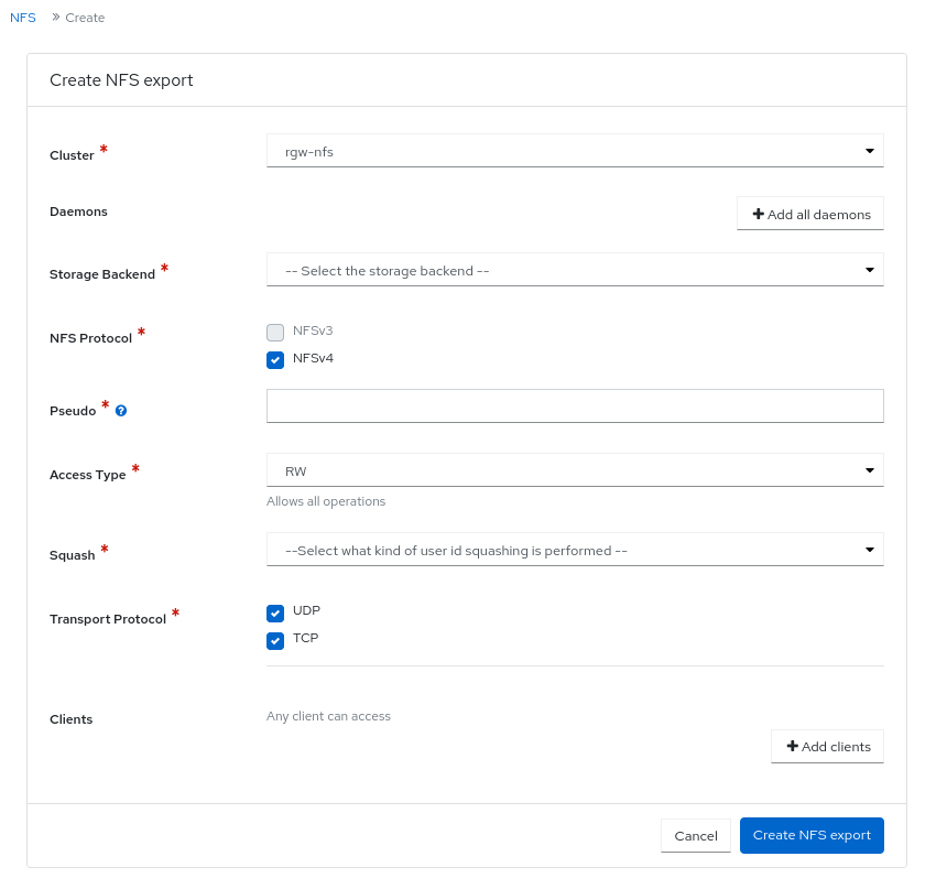 Create NFS export window