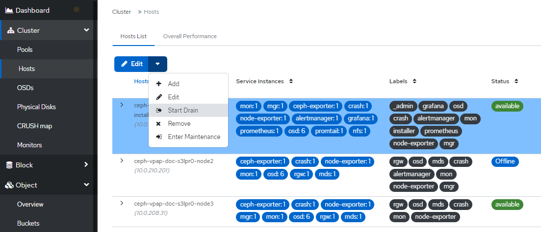 Selecting Start Drain option