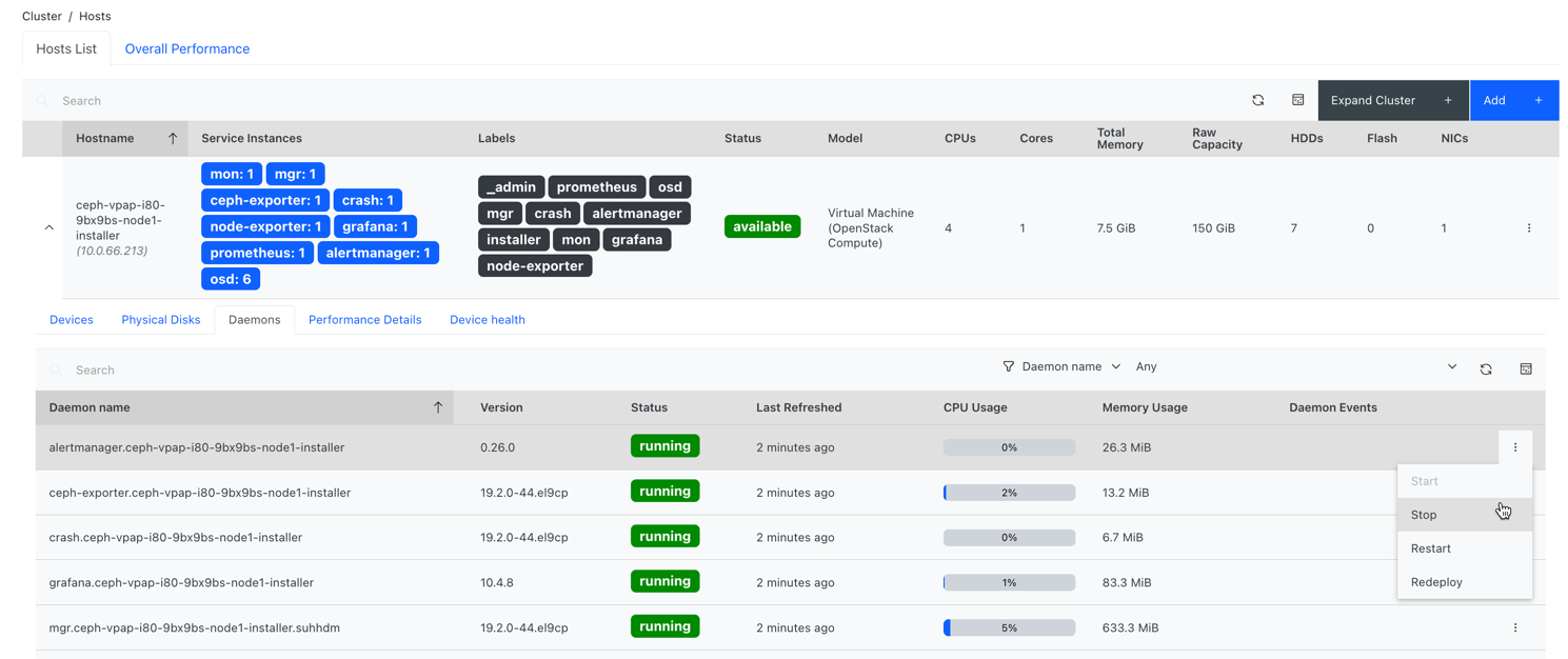 Managing daemons from Hosts menu