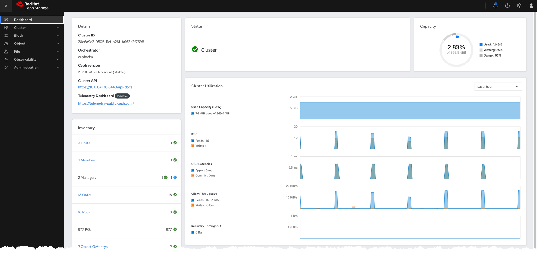 Ceph Dashboard のランディングページ