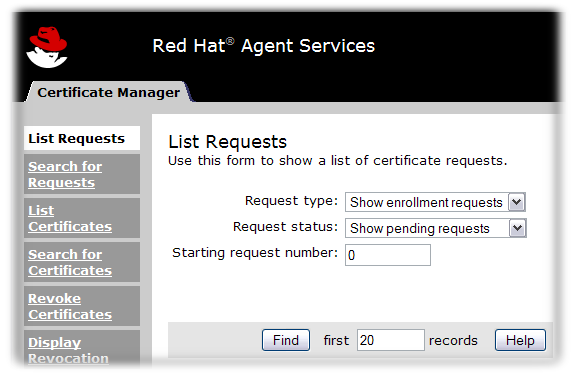 Certificate Manager のエージェントサービスページ