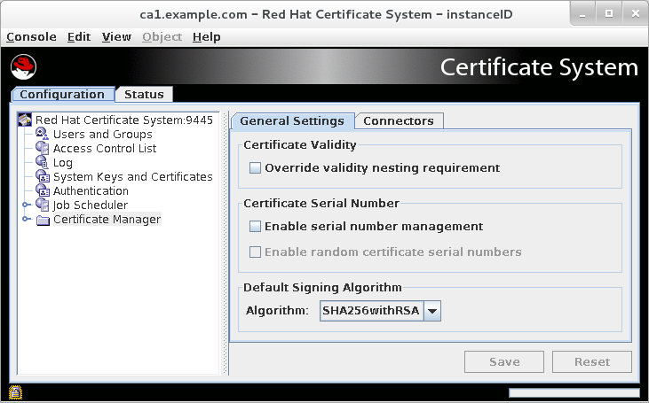 デフォルトでクローン作成された CA の General Settings タブ