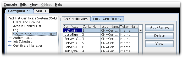 Certificate Database タブ