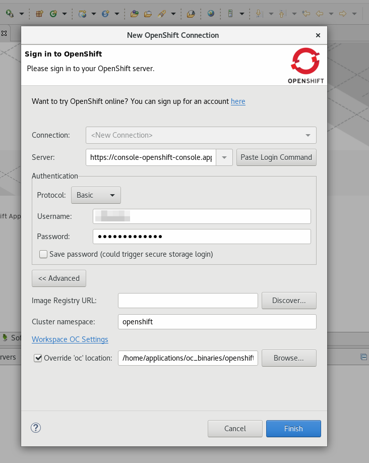 Set up a New OpenShift Container Platform Connection