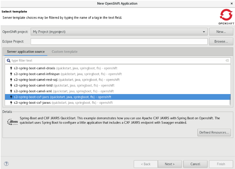 Selecting the s2i-spring-boot-cfx-jaxrs Template