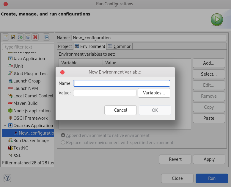 crs quarkus configuration environment variables