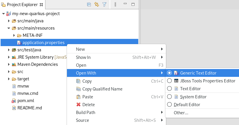 crs open quarkus project in gen text editor